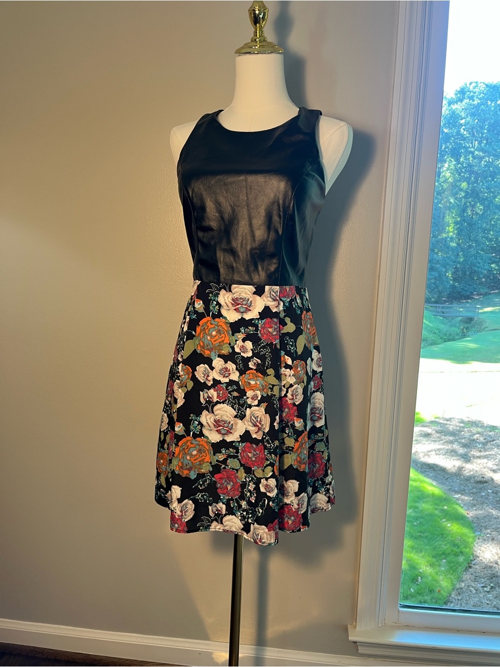 Eight Sixty Black Faux Leather Bodice with Floral Skater Skirt